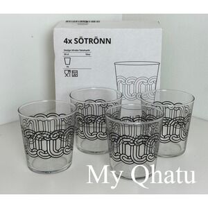 IKEA SOTRONN Hiroko Takahashi Glass Set 10oz Black Geometric Pattern 4 Pack NEW